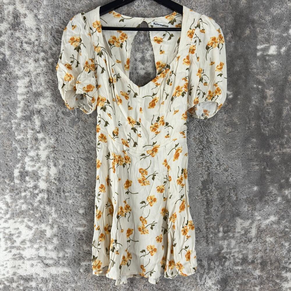 Reformation Cream Mini Dress with Yellow Floral Print